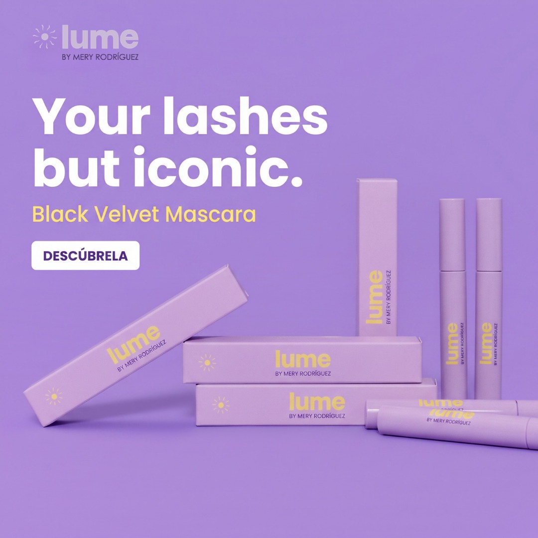 Campaña de Lume Black Velvet Mascara con envases lavanda
