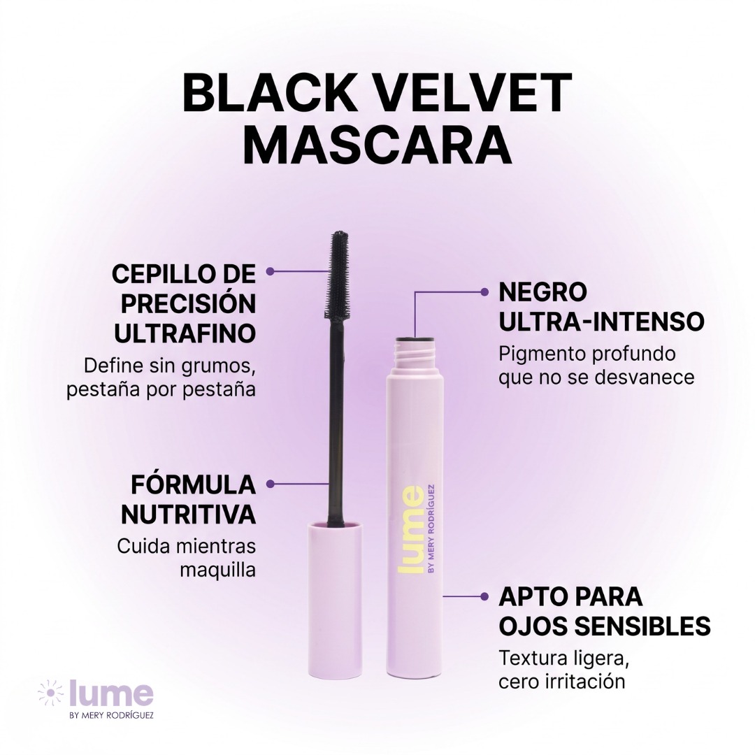 Lume Black Velvet Mascara: detalle de cepillo, pigmento y características